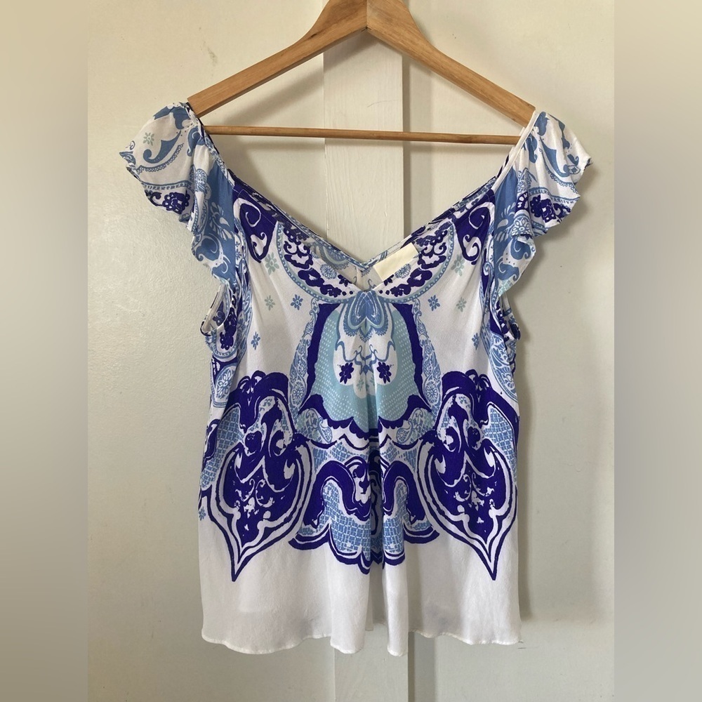 Maeve Anthropology boho bohemian tank top flutter shoulders 100% viscose flowy